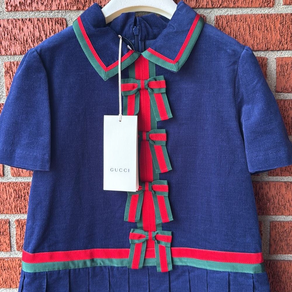 Gucci girl dress RIBBON CORDUROY short sleeve blue NWT - Picture 2 of 9